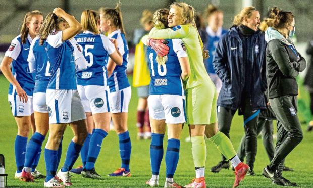 Birmingham City Women celebrate at end of game during the FA Women's Super League match against Aston Villa Ladies.