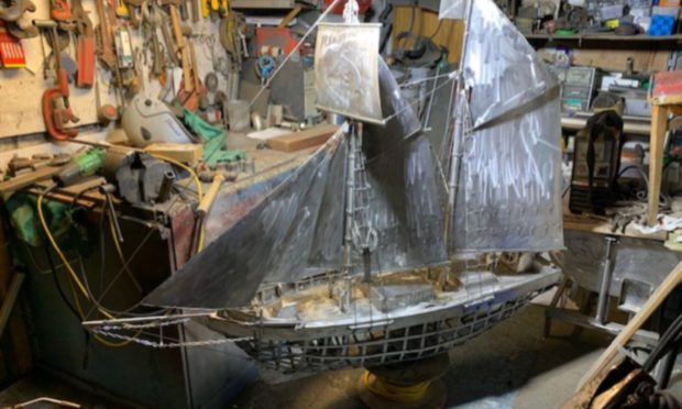 Metal model of the schooner Isabella under construction at the workshop of the 'Stonehaven Banksy' - Jim Malcolm.