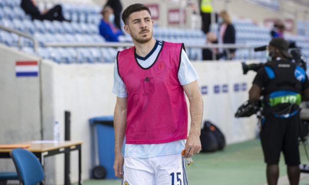 Declan Gallagher readies to come on for Scotland against Netherlands
