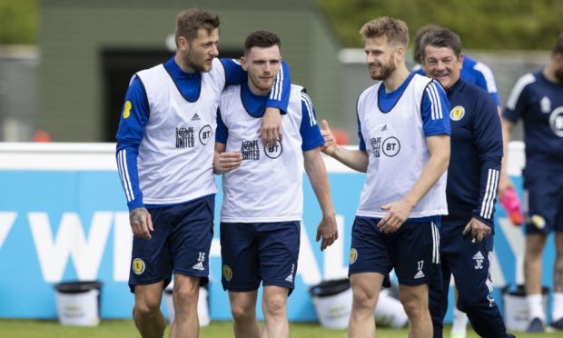 Scotland training at Rockliffe Park, Darlington - (L-R) Liam Cooper, Andy Robertson and Stuart Armstrong