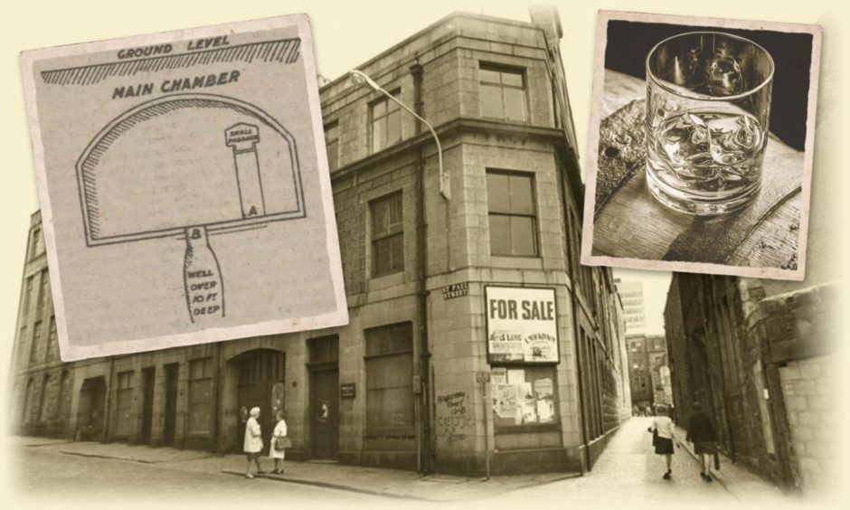 The Farquhar and Gill building on St Paul Street, Aberdeen, and, inset, an illustration of the chamber from 1912 and whisky.
