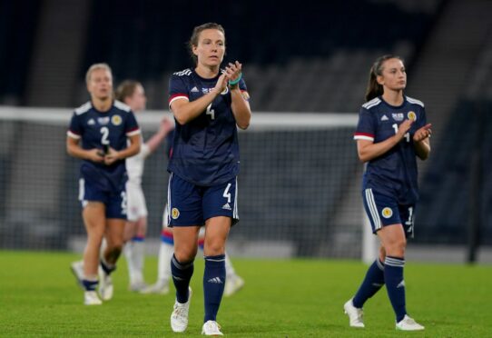 Scotland's Rachel Corsie applauds the fans at full-time after the FIFA Women's World Cup 2023 qualifying match against the Faroe Islands at Hampden Park, Glasgow.