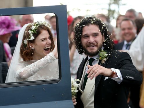 Kit Harington and Rose Leslie at Rayne Church, Kirkton of Rayne in Aberdeenshire, after their wedding (Jane Barlow/PA)