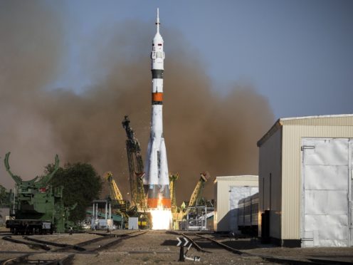 A Soyuz capsule is launched from Russia’s space facility in Baikonur, Kazakhstan (Roscosmos Space Agency Press Service photo via AP)