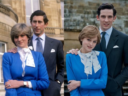 (L) Diana and Charles after announcing their engagement in 1981 and (R) Emma Corrin and Josh O’Connor recreate the moment (Netflix/PA)