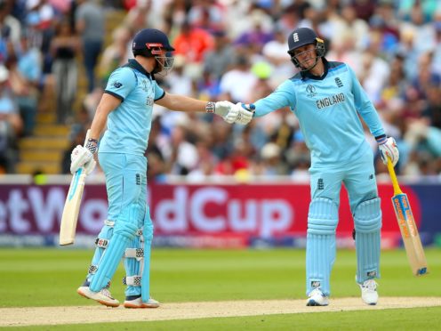 England’s Jonny Bairstow, left, and Jason Roy shake hands (Nigel French/PA)