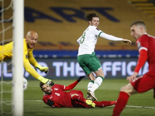 Alan Browne heads the Republic of Ireland in front in Belgrade (Novak Djurovic/PA)