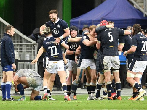Scotland’s Duhan Van Der Merwe (centre) celebrates his winning try (PA Wire via ABACA)