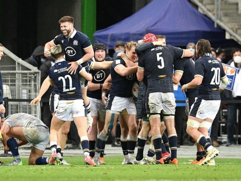 Scotland celebrate Duhan Van Der Merwe’s winning try (PA via ABACA)