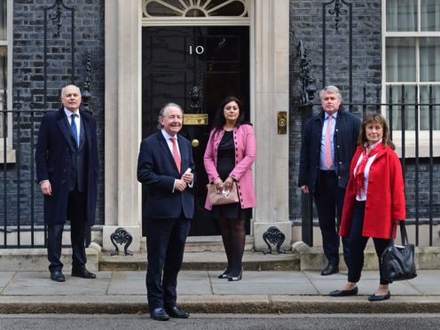From left, Sir Iain Duncan Smith, David Alton, Nus Ghani, Tim Loughton and Helena Kennedy, Baroness Kennedy of The Shaws outside Downing Street (Ian West/PA)