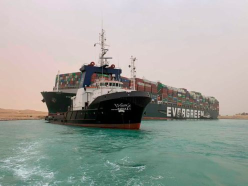 A ship stuck in the Suez Canal (Suez Canal Authority/AP)