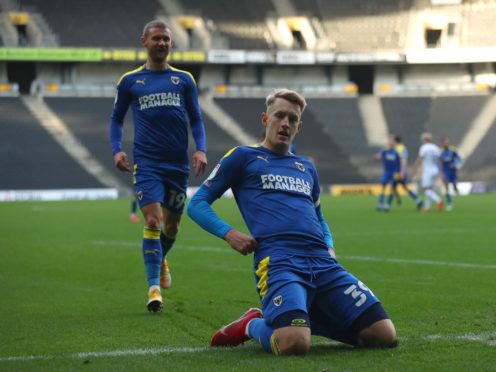 Joe Pigott, right, scored a brace for AFC Wimbledon (Bradley Collyer/PA)