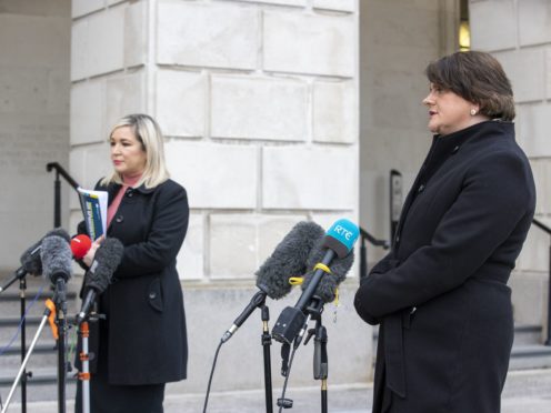 Northern Ireland deputy First Minister Michelle O’Neill (left) and First Minister Arlene Foster during a press conference at Stormont on the pathway to recovery (Liam McBurney/PA)