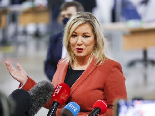 Deputy First Minister, Michelle O’Neill speaking to the media during a visit to the newly opened Covid-19 vaccination centre in the SSE Arena, Belfast (Liam McBurney/PA)