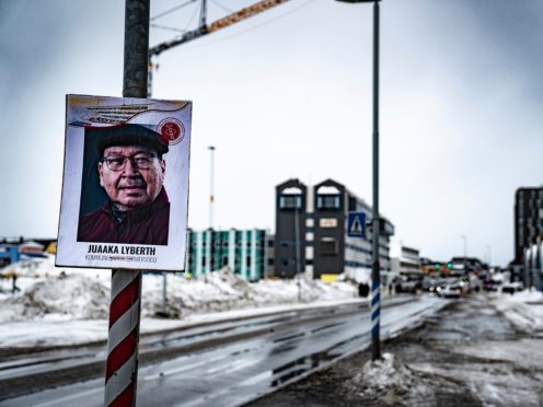 An election candidate’s advertising poster for the election in Greenland (Emil Helms/AP)