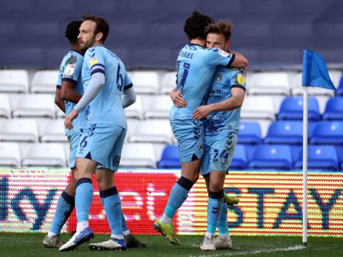 Coventry striker Matty Godden, right, celebrates scoring against Bristol City (Bradley Collyer/PA)