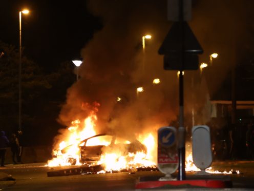 RETRANSMITTED CORRECTING KEYWORDS A car burns on Sperrin Park, Waterside, Londonderry. Picture date: Monday April 5, 2021.