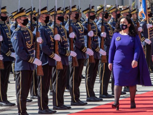Kosovo’s newly elected president Vjosa Osmani-Sadriu, inspects the Guard of Honour (Visar Kryeziu/AP)