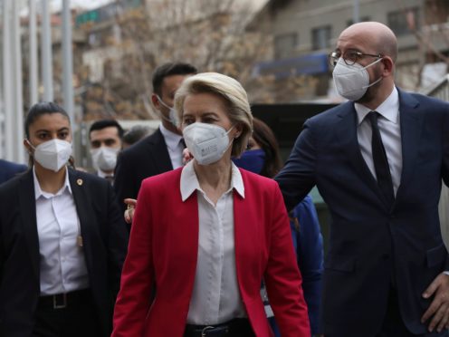 European Commission President Ursula von der Leyen, centre, and EU Council President Charles Michel arrive for a joint news conference after talks with Turkey’s President Recep Tayyip Erdogan, in Ankara (Burhan Ozbilici/AP)