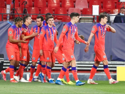 Chelsea players celebrate after Mason Mount’s goal (Angel Fernandez/AP)