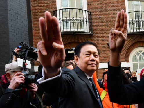 Myanmar’s former ambassador to the UK, Kyaw Zwar Minn, speaks to media outside the Myanmar embassy in Mayfair, London (Ian West/PA)