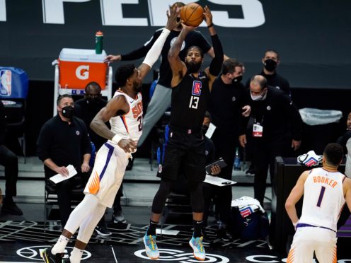 Los Angeles Clippers guard Paul George makes a 3-pointer (Marcio Jose Sanchez/AP)