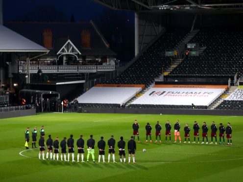 Fulham and Wolves players observe a two-minute silence in memory of the Duke of Edinburgh (Clive Rose/PA)