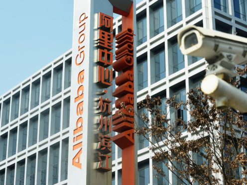 The logo for Alibaba Group is seen at the company’s headquarters in Hangzhou in eastern China’s Zhejiang Province (Chinatopix via AP)
