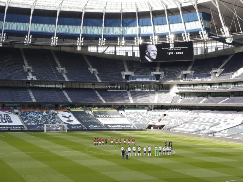 Tottenham and Manchester United players observe a two-minute silence in honour of the Duke of Edinburgh (Matthew Childs/PA)