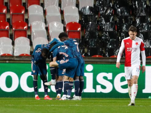 Alexandre Lacazette celebrates the fourth goal (Petr David Josek/AP)