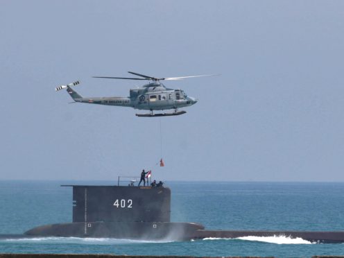 The Indonesian Navy submarine KRI Nanggala takes part in a drill off Cilegon, Indonesia, in this Tuesday, Oct. 3, 2017 photo. Indonesia’s navy is searching for the KRI Nanggala submarine that went missing north of the resort island of Bali with a number of people on board, the military said Wednesday, April 21, 2021. (AP Photo)