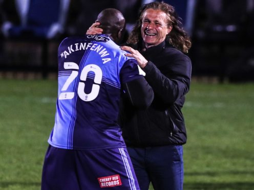 Adebayo Akinfenwa (left) celebrates with Wycombe Wanderers manager Gareth Ainsworth (right) (Kieran Cleeves/PA)