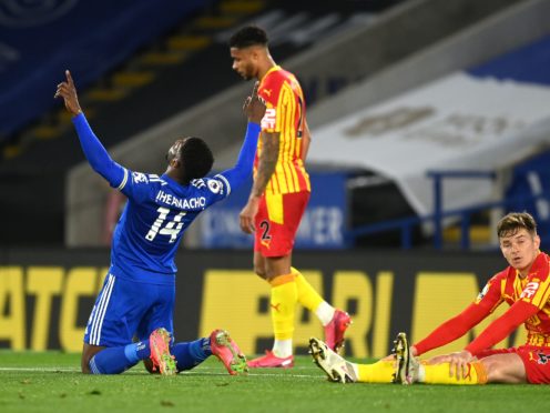 Leicester’s Kelechi Iheanacho wrapped up victory against West Brom. (Michael Regan/PA)