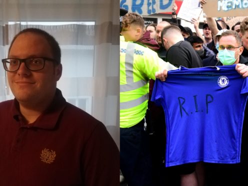 Alexander Fischer from Club No.12 – an organisation representing Bayern Munich fans, and Chelsea fans protest outside Stamford Bridge (Alexander Fischer)