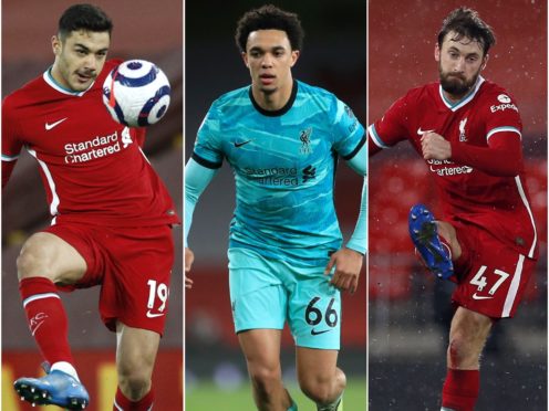 Trent Alexander-Arnold, centre, is joined by Ozan Kabak, left, and Nat Phillips as Liverpool lock out this week’s defensive recommendations (Phil Noble/Adam Davy/PA)