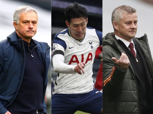 Jose Mourinho, left, was fuming with Ole Gunnar Solskjaer’s comments about Son Heung-min, centre (Clive Rose/Matthew Childs/PA)