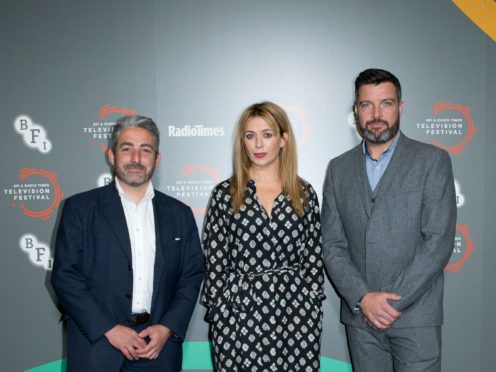 Keeping Faith’s creator and writer Matthew Hall (left) with stars Eve Myles and Bradley Freegard (Handout/PA)