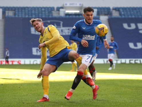 St Johnstone’s Jamie McCart, left, during the quarter-final at Ibrox (Andrew Milligan/PA)