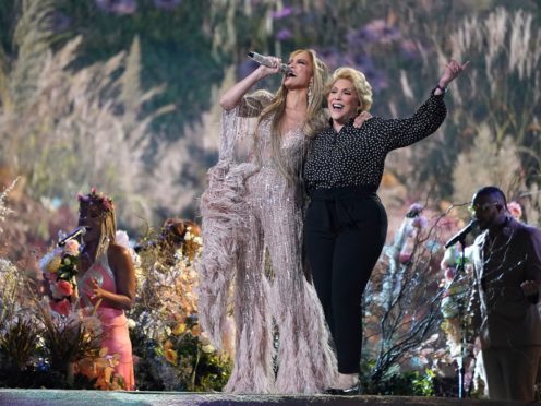 Jennifer Lopez performs with her mother, Guadalupe Rodriguez, at Vax Live: The Concert To Reunite The World at SoFi Stadium in Inglewood, California (Jordan Strauss/Invision/AP)