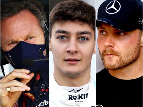 Christian Horner (left), George Russell (centre) and Valtteri Bottas (FIA Pool/David Davies/Martin Rickett/PA)
