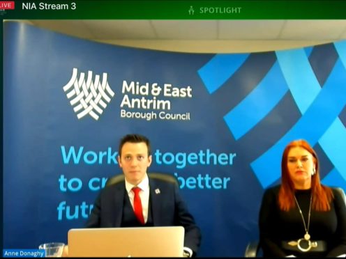 Mid and East Antrim mayor Peter Johnston and council chief executive Anne Donaghy give evidence to the Stormont Agriculture committee (NI Assembly/PA)