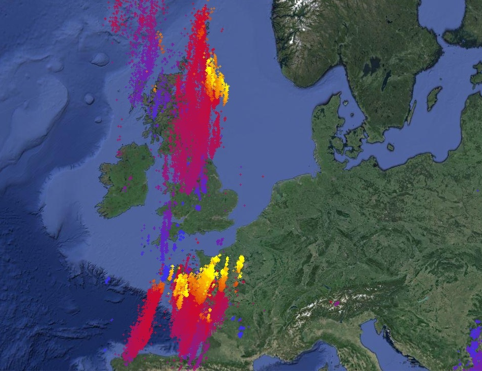 Picture from Lightningmaps.org show the strikes across the UK in the past 24 hours.