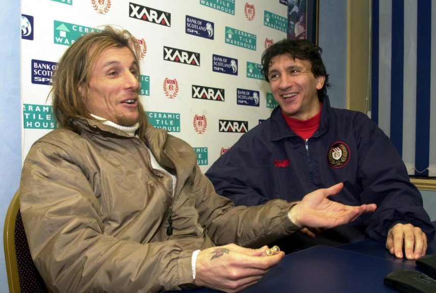 Claudio Caniggia with Ivano Bonetti after signing for the Dark Blues.