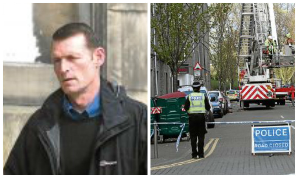 Christopher Jones and, right, officers outside the damaged flat in Park Avenue