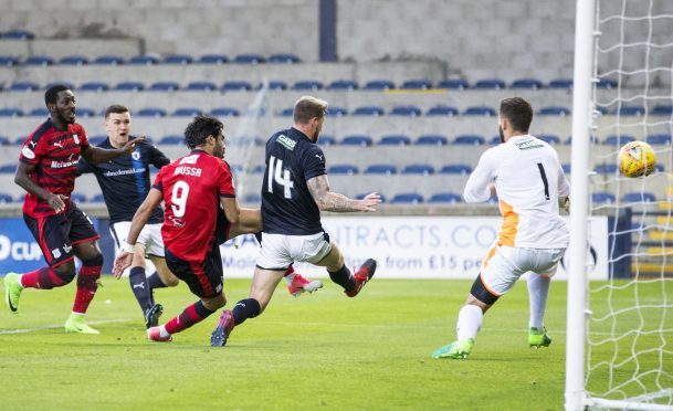 Action from the Raith Rovers v Dundee Betfred Cup game. Sofien Moussa opened the scoring.