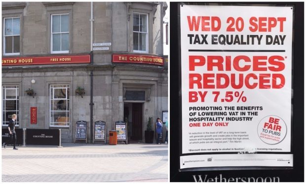 Right, a sign indicating The Counting House in Dundee city centre is taking part in the one day only offer.