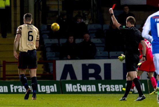 Dundee captain Darren O'Dea receives his marching orders against Killie.