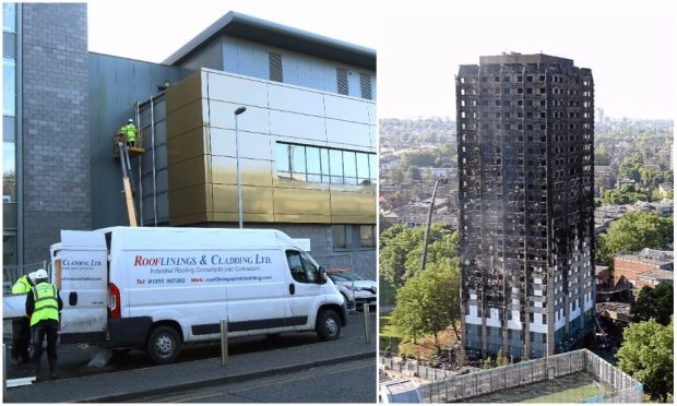 Workers at the research centre and (inset) the fire-ravaged Grenfell tower.