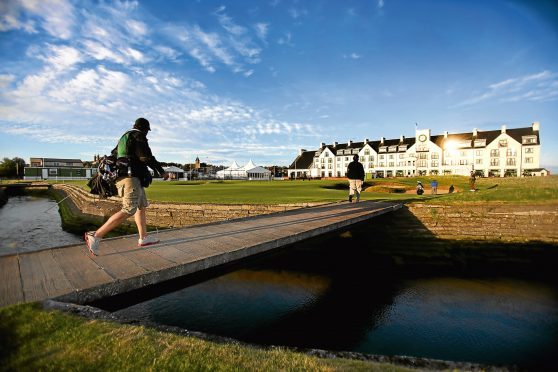 Golfers on the approach to the 18th green at Carnoustie Championship Course