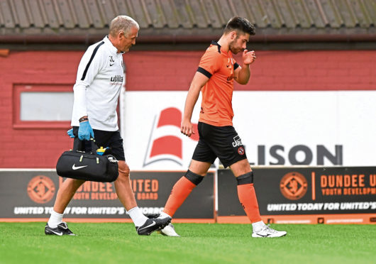 Dundee United youngster Archie Thomas went off injured in Wednesday night’s 3-2 Irn-Bru Cup first-round win over St Johnstone.